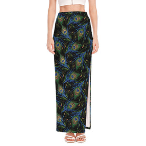 Embroidery Peacock Feather Print High Slit Maxi Skirt