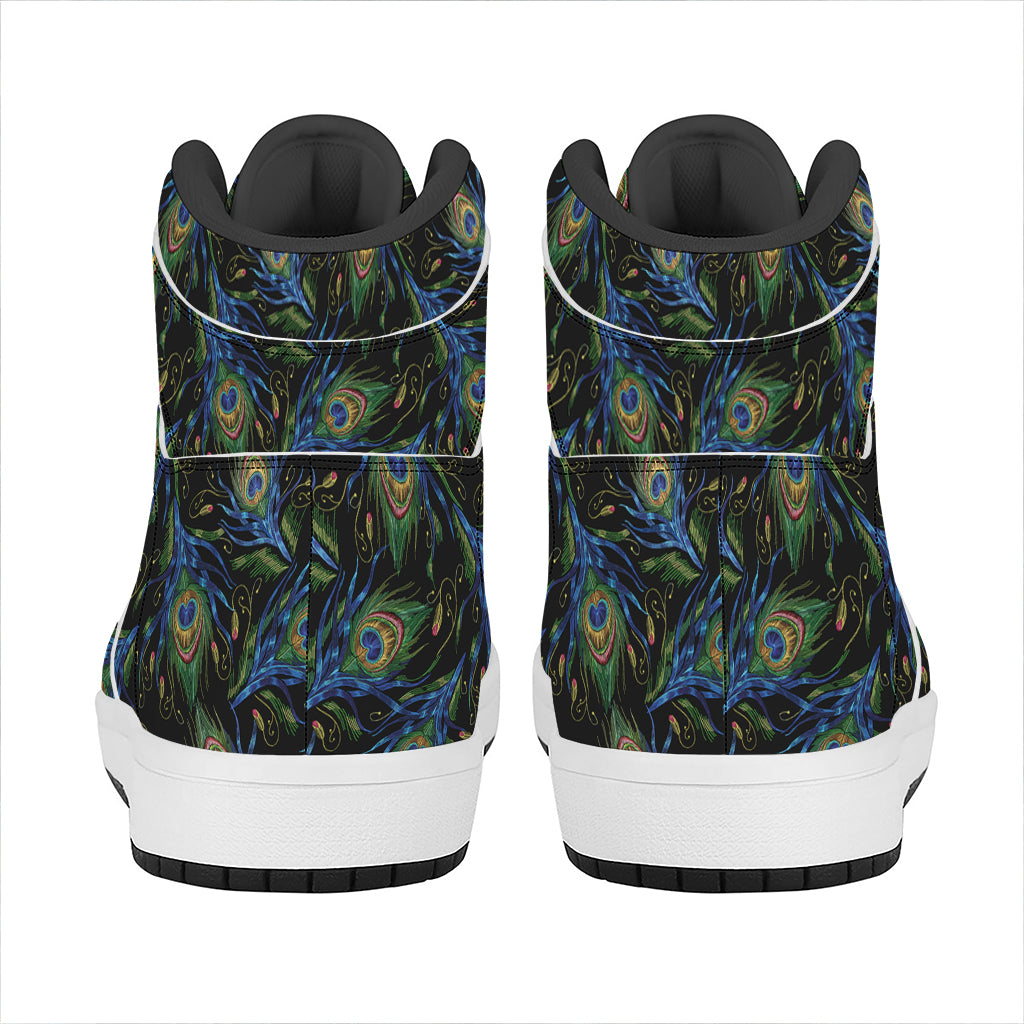Embroidery Peacock Feather Print High Top Leather Sneakers