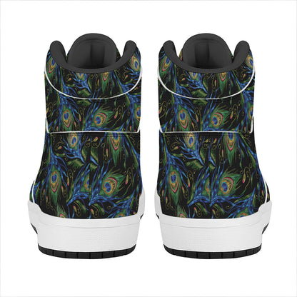 Embroidery Peacock Feather Print High Top Leather Sneakers