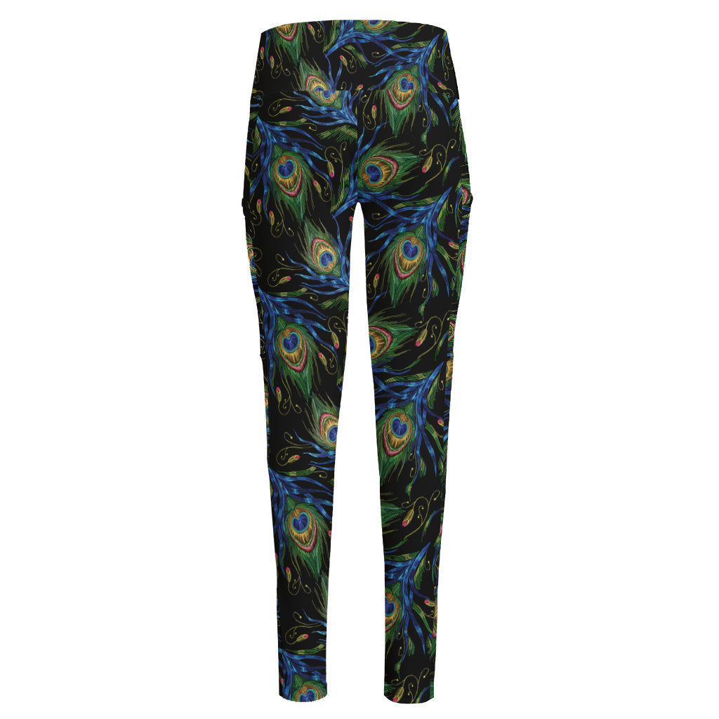 Embroidery Peacock Feather Print High-Waisted Pocket Leggings