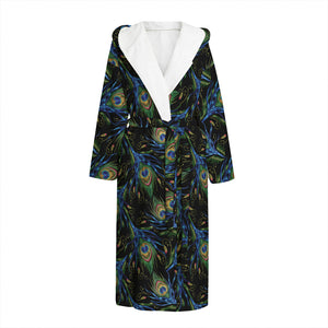 Embroidery Peacock Feather Print Hooded Bathrobe