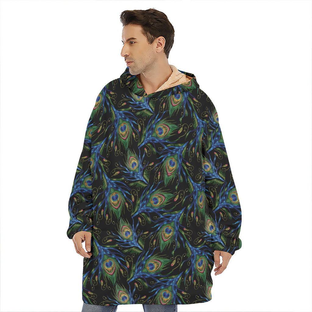 Embroidery Peacock Feather Print Hoodie Blanket