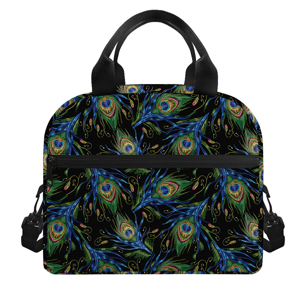 Embroidery Peacock Feather Print Insulated Lunch Bag