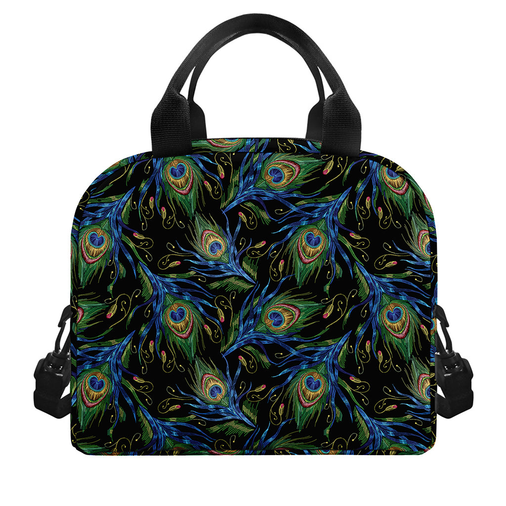 Embroidery Peacock Feather Print Insulated Lunch Bag