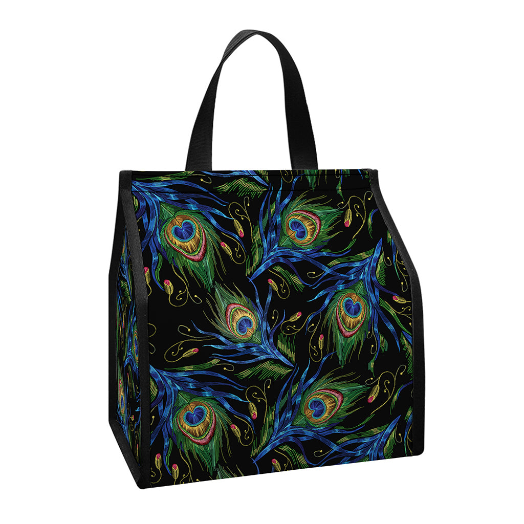 Embroidery Peacock Feather Print Insulated Lunch Tote