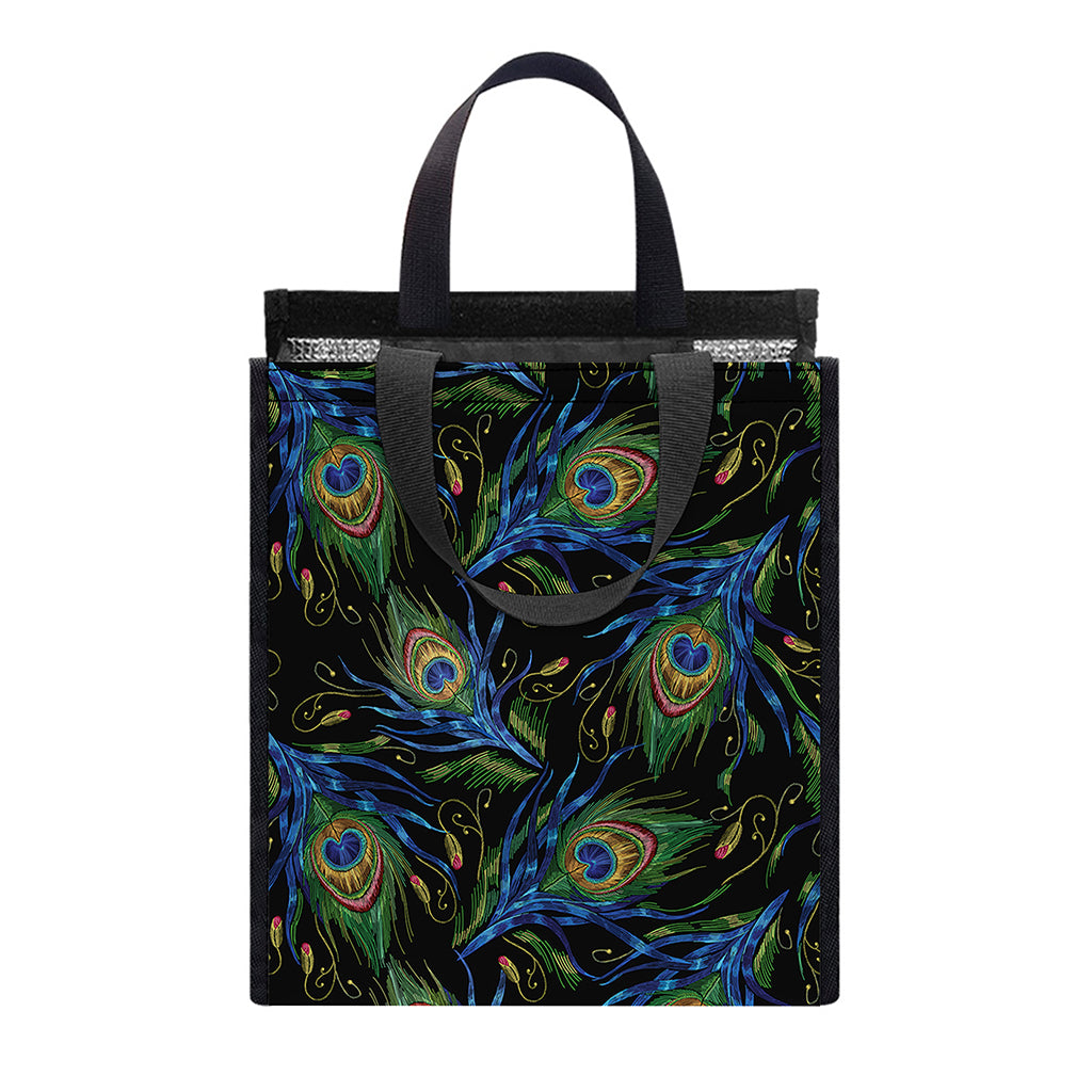 Embroidery Peacock Feather Print Insulated Lunch Tote