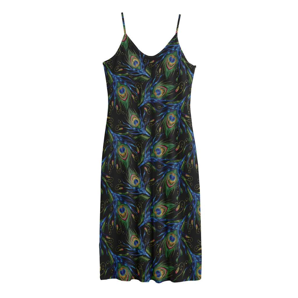 Embroidery Peacock Feather Print Jersey Midi Cami Dress