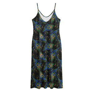 Embroidery Peacock Feather Print Jersey Midi Cami Dress