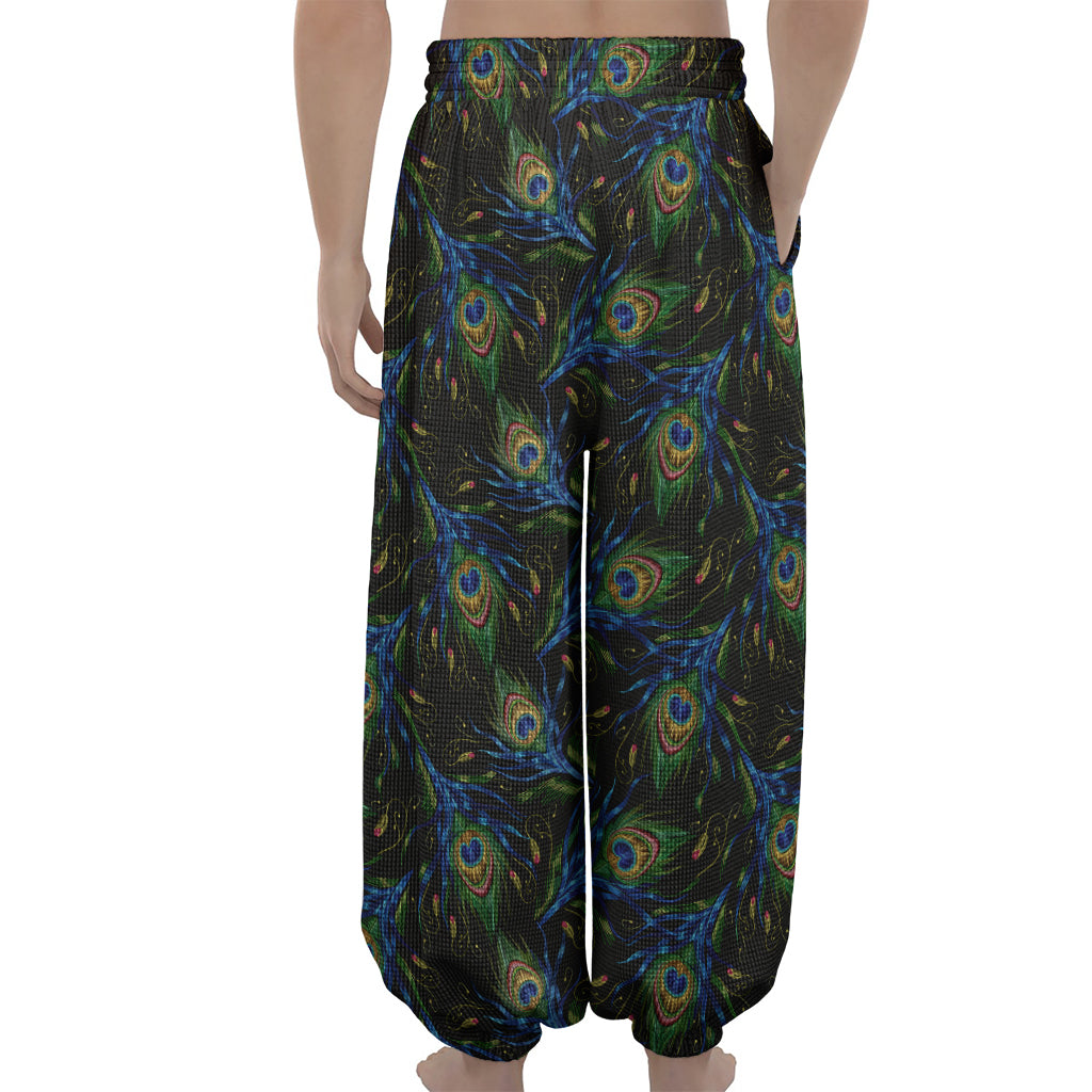 Embroidery Peacock Feather Print Lantern Pants