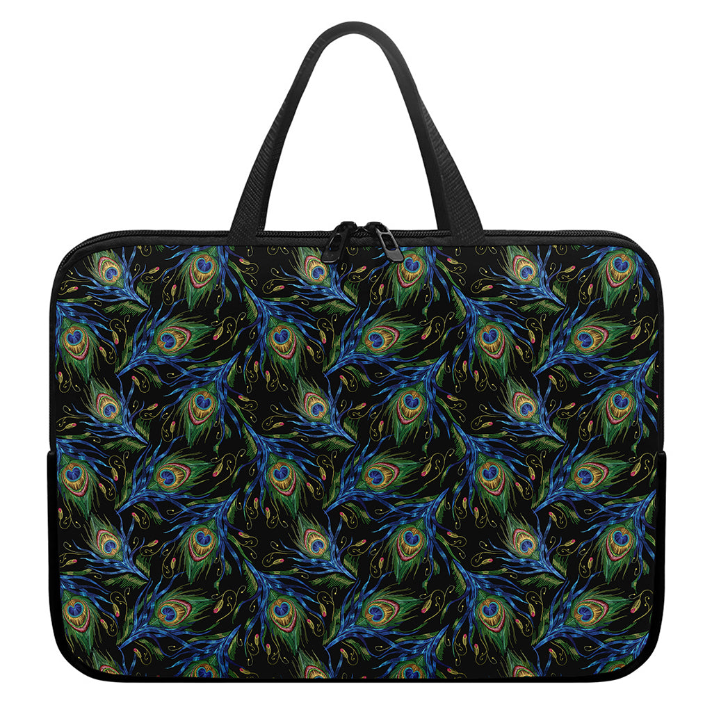 Embroidery Peacock Feather Print Laptop Sleeve With Handle