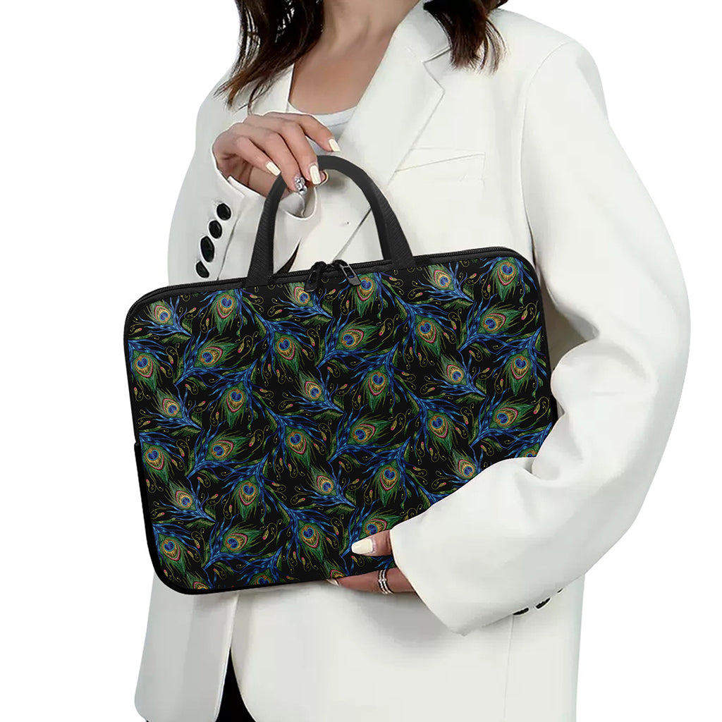 Embroidery Peacock Feather Print Laptop Sleeve With Handle