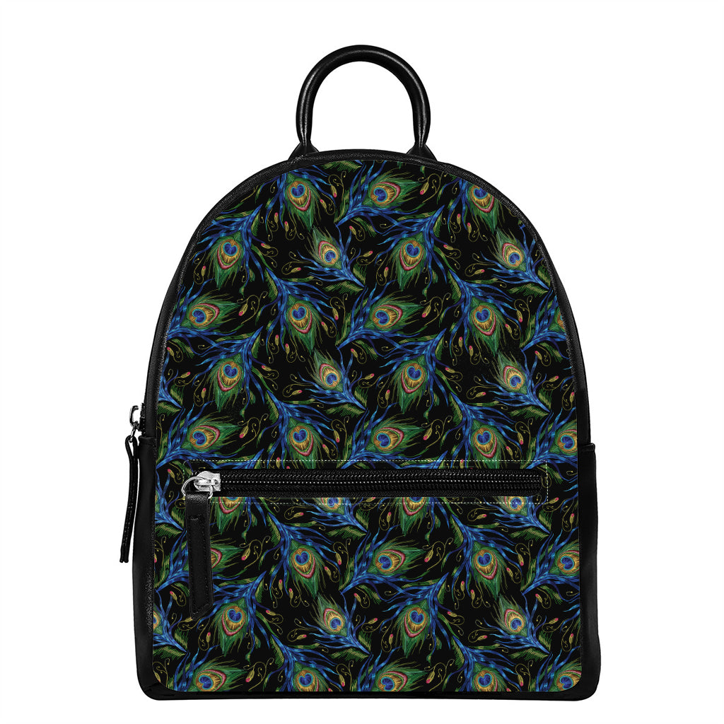 Embroidery Peacock Feather Print Leather Backpack