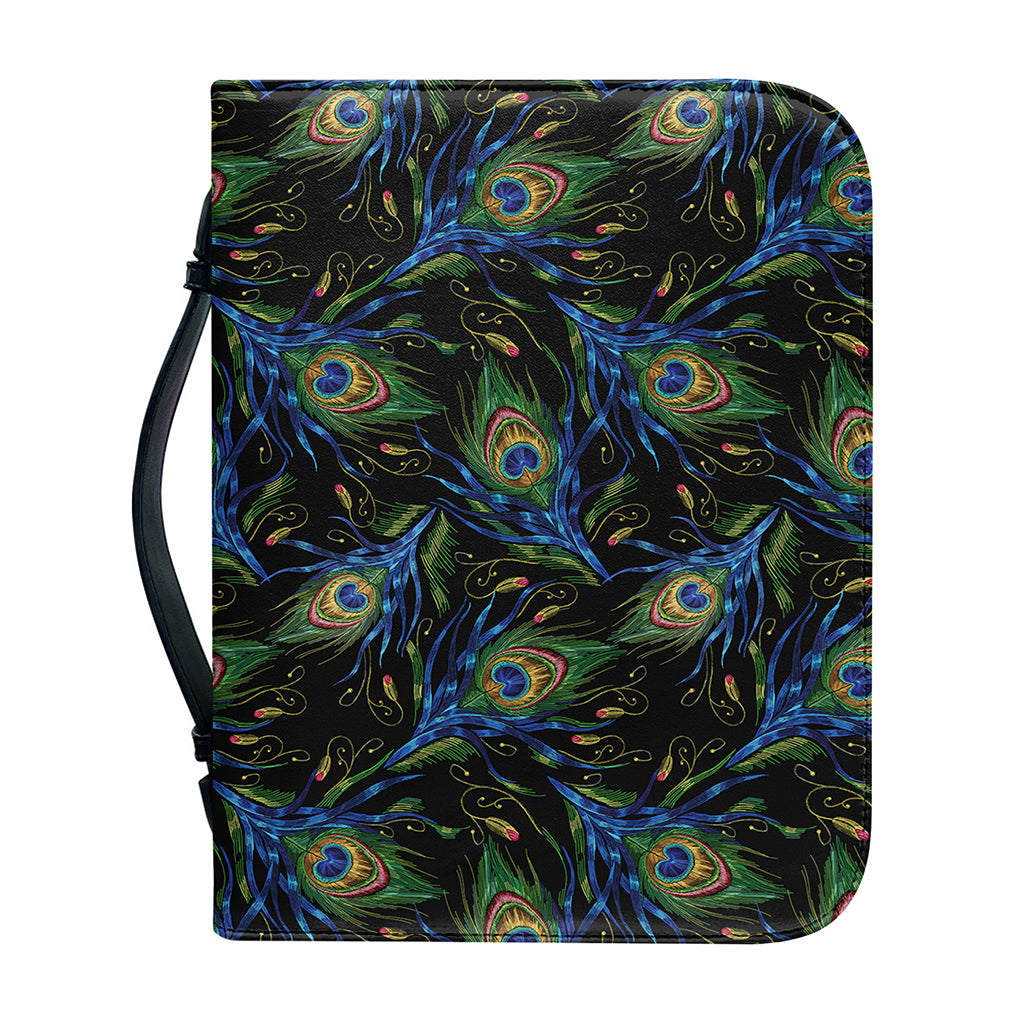 Embroidery Peacock Feather Print Leather Bible Cover