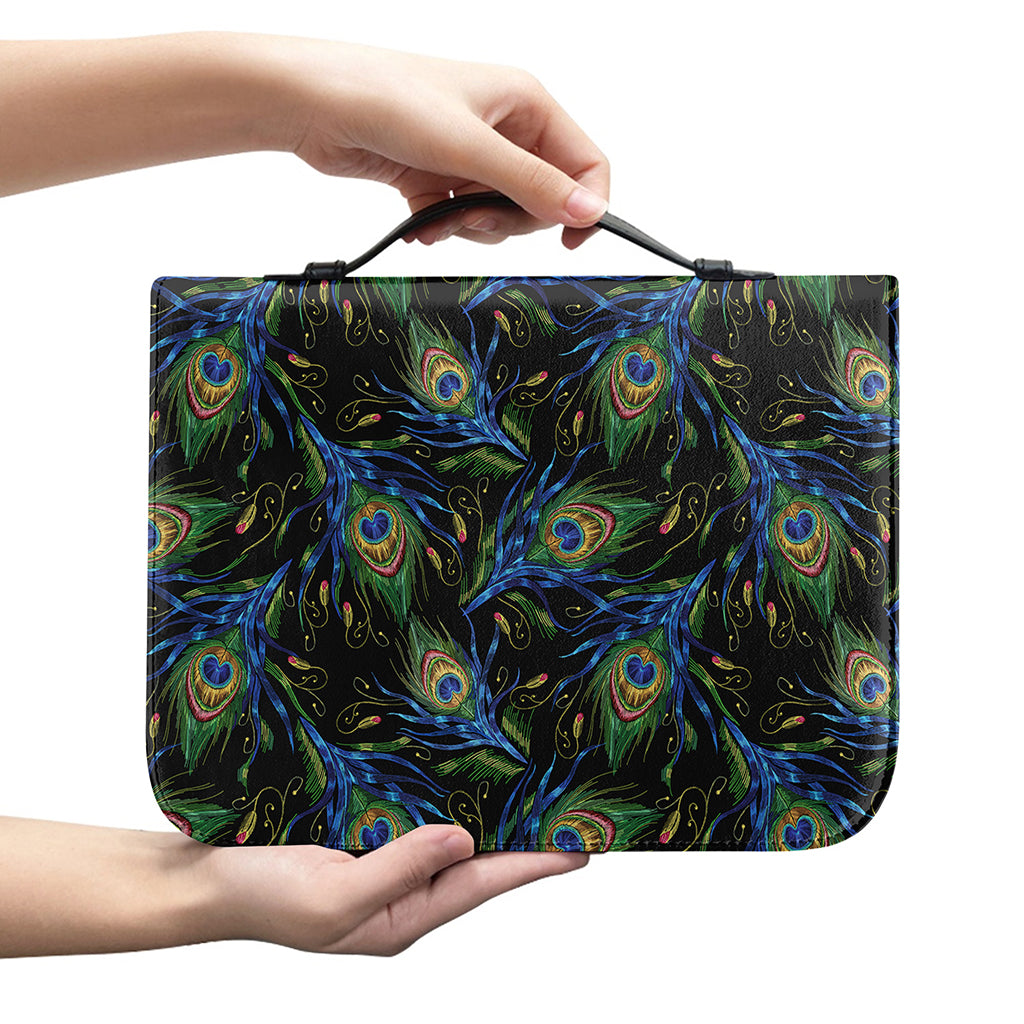 Embroidery Peacock Feather Print Leather Bible Cover