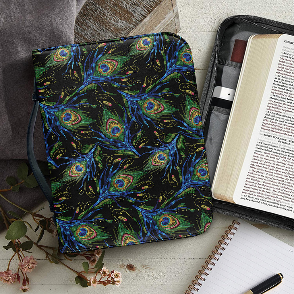 Embroidery Peacock Feather Print Leather Bible Cover