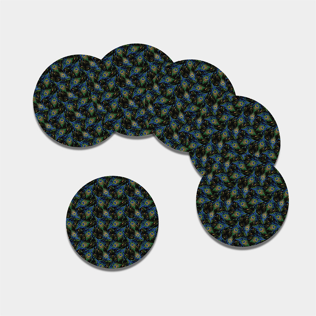 Embroidery Peacock Feather Print Leather Coaster Set