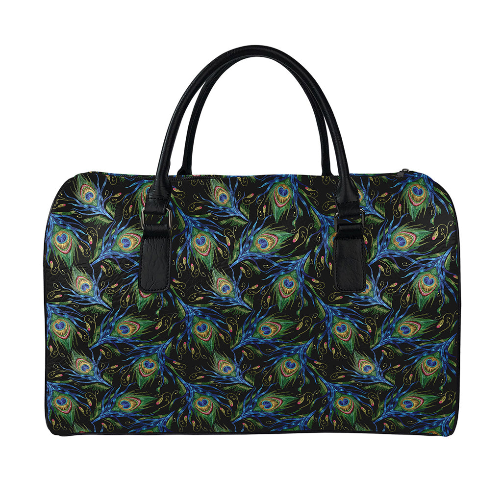 Embroidery Peacock Feather Print Leather Duffle Bag