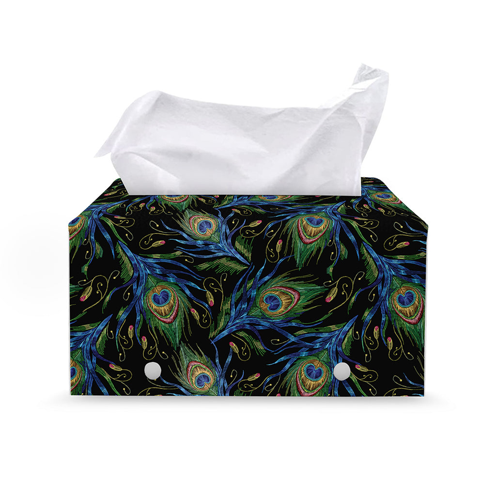Embroidery Peacock Feather Print Leather Tissue Box Cover