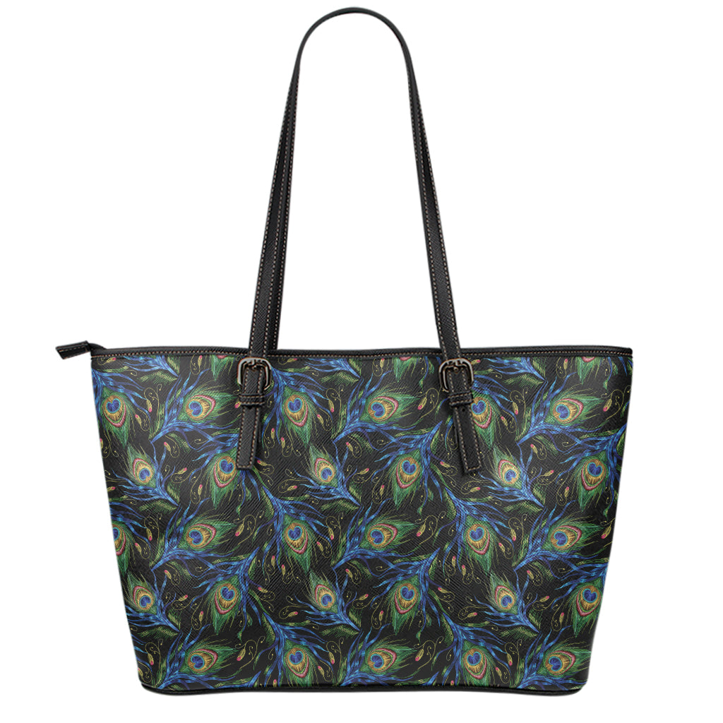 Embroidery Peacock Feather Print Leather Tote Bag