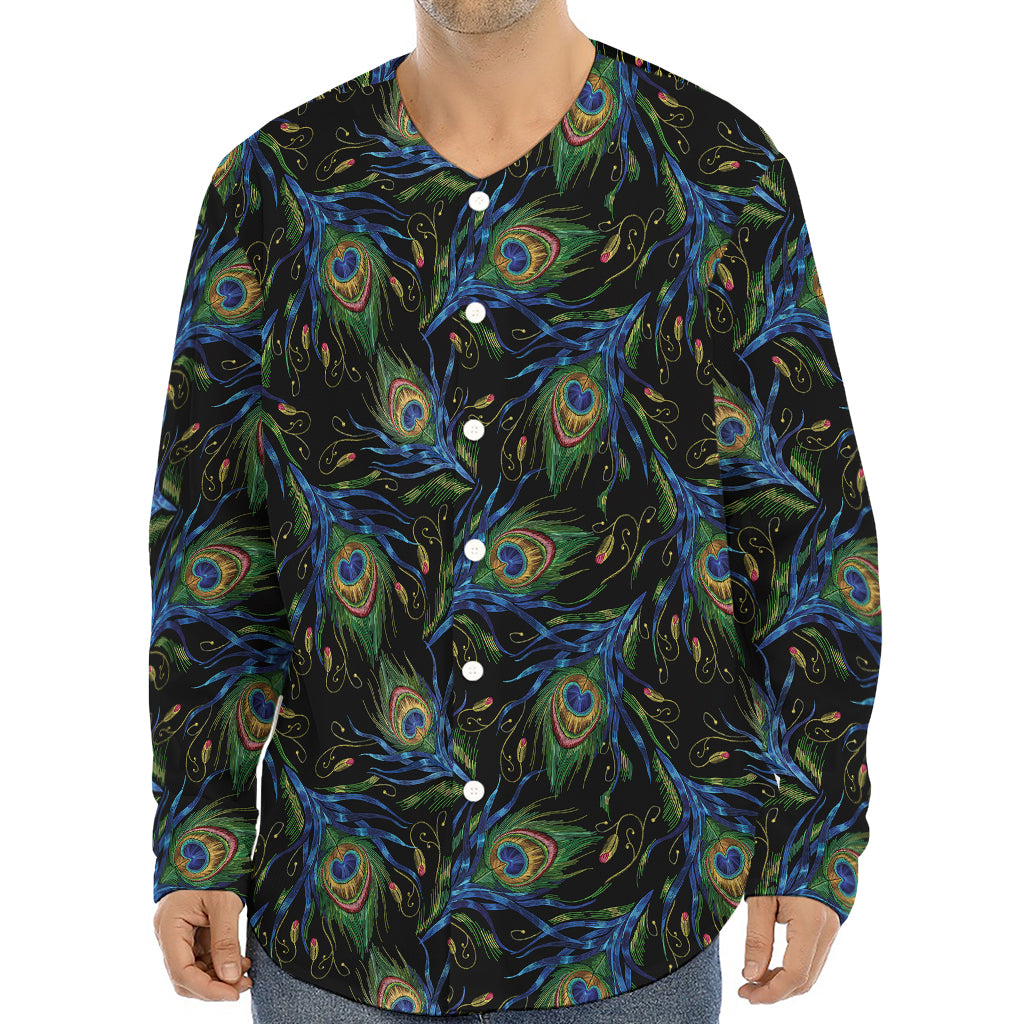 Embroidery Peacock Feather Print Long Sleeve Baseball Jersey