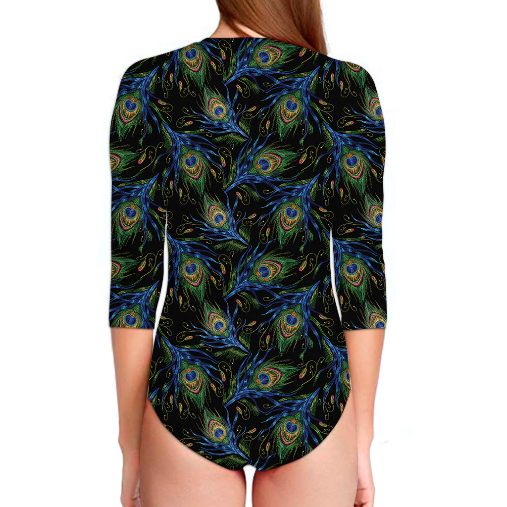 Embroidery Peacock Feather Print Long Sleeve Swimsuit