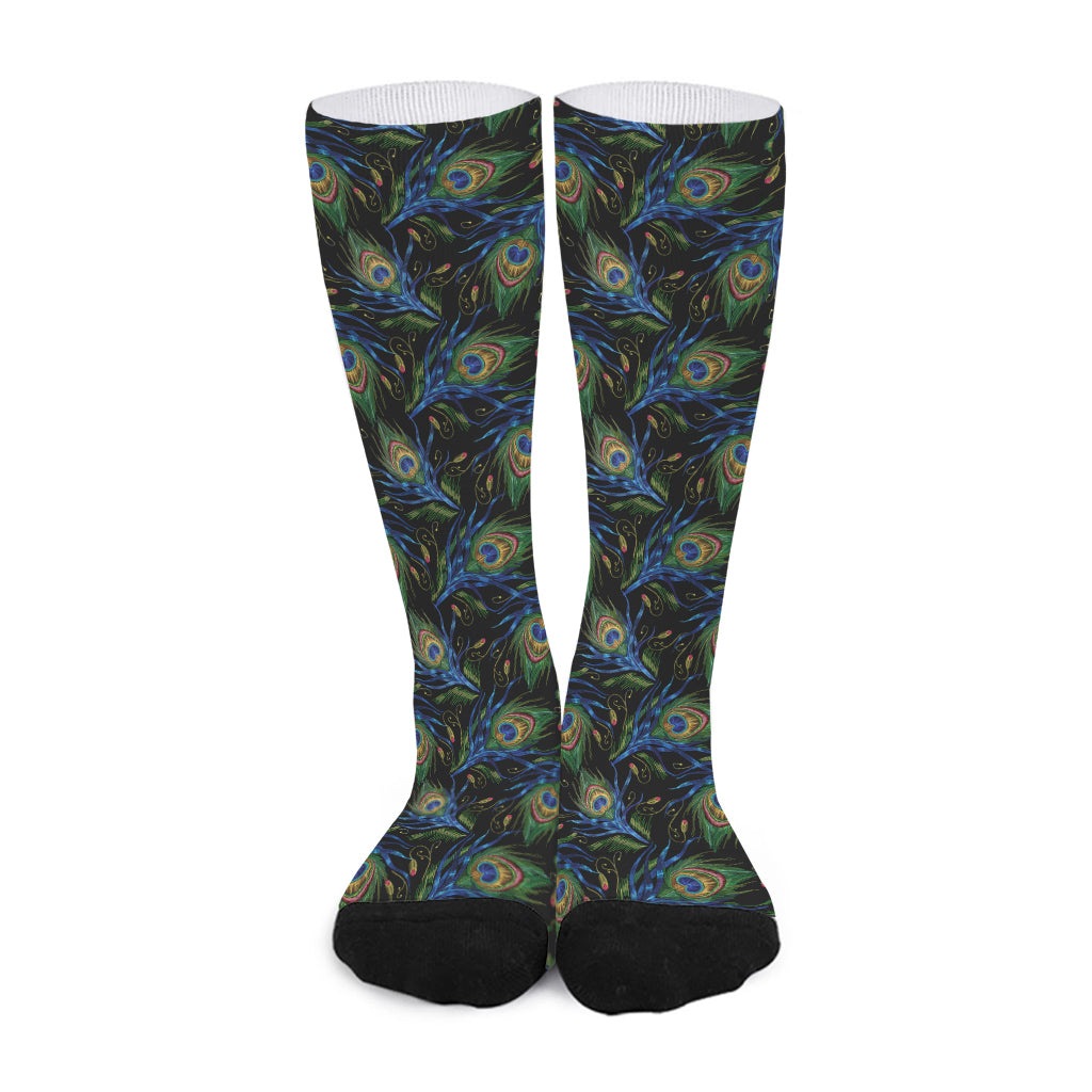 Embroidery Peacock Feather Print Long Socks