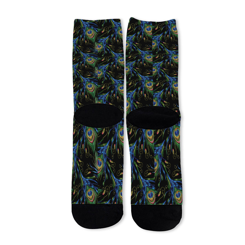 Embroidery Peacock Feather Print Long Socks