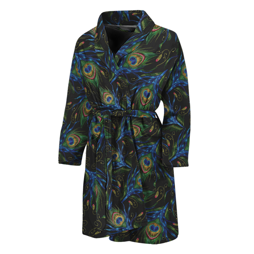 Embroidery Peacock Feather Print Men's Bathrobe