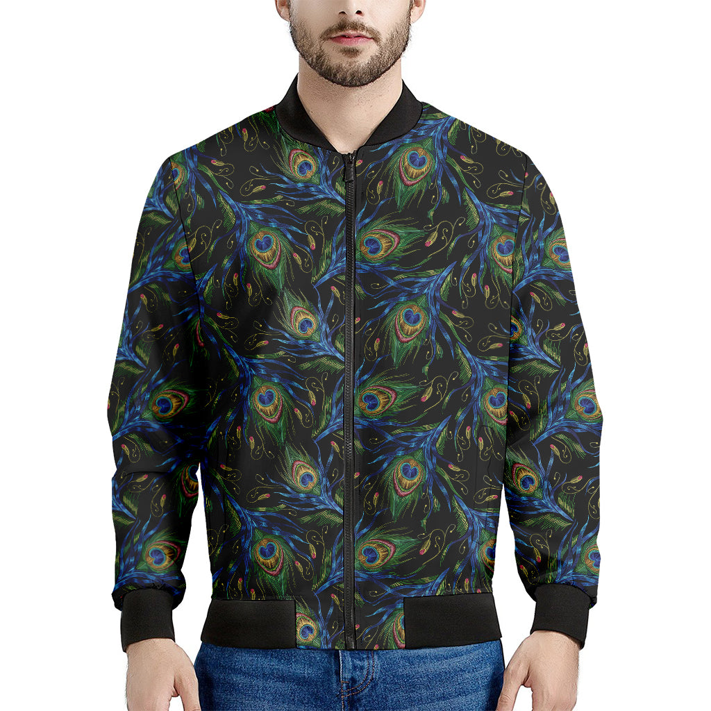 Embroidery Peacock Feather Print Men's Bomber Jacket