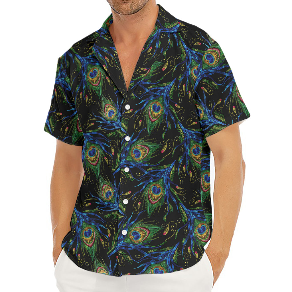 Embroidery Peacock Feather Print Men's Deep V-Neck Shirt