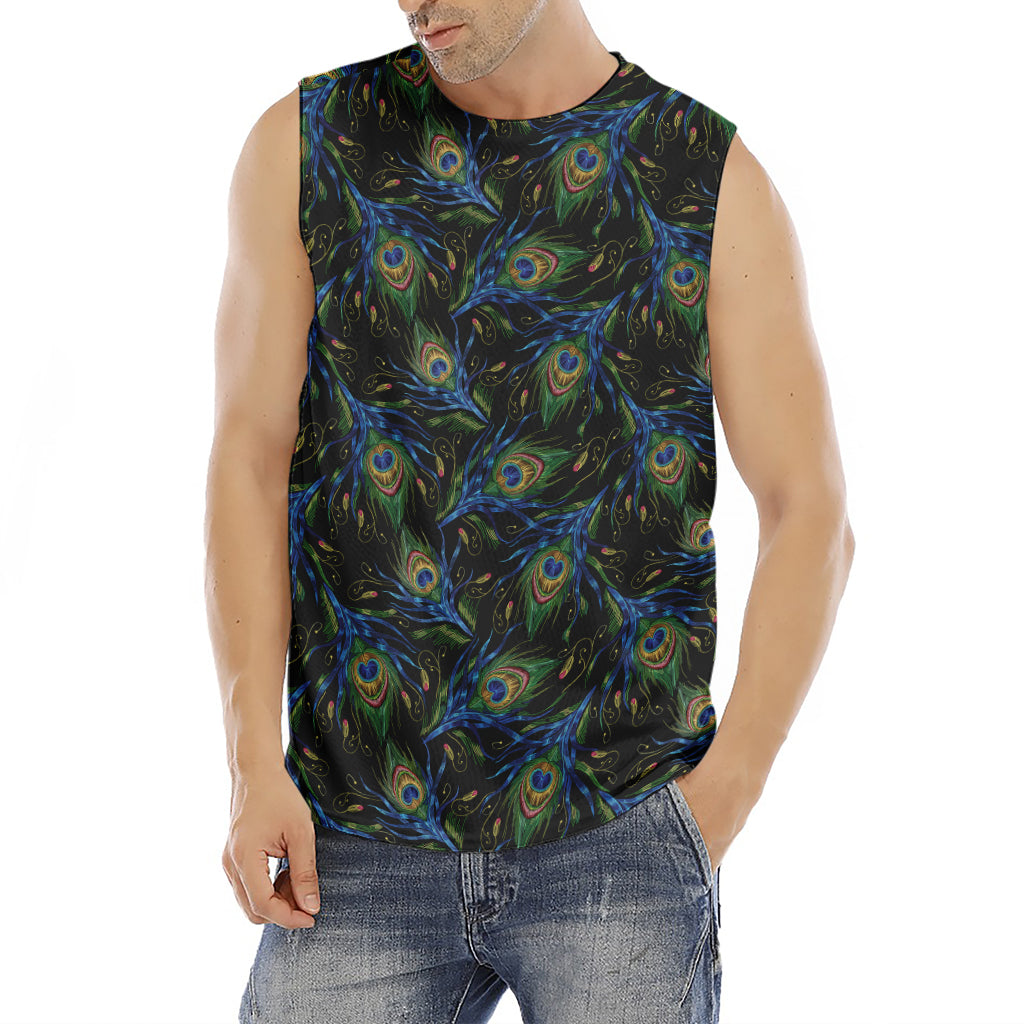 Embroidery Peacock Feather Print Men's Fitness Tank Top