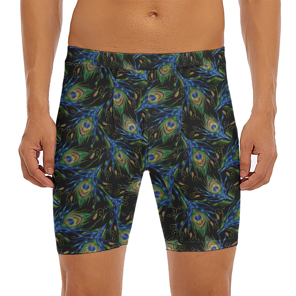 Embroidery Peacock Feather Print Men's Long Boxer Briefs