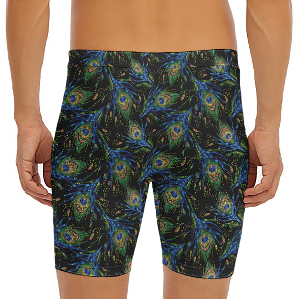 Embroidery Peacock Feather Print Men's Long Boxer Briefs