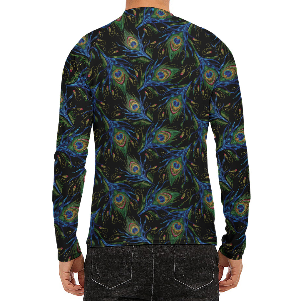 Embroidery Peacock Feather Print Men's Long Sleeve Rash Guard