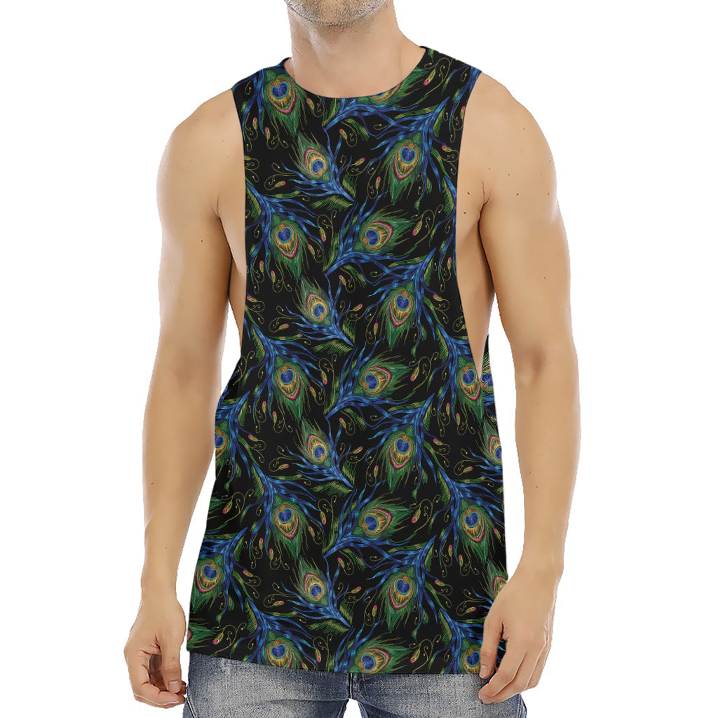 Embroidery Peacock Feather Print Men's Muscle Tank Top