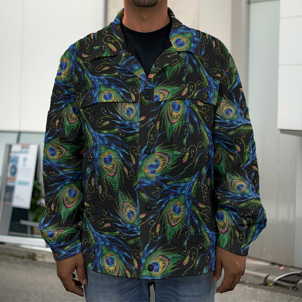 Embroidery Peacock Feather Print Men's Shirt Jacket