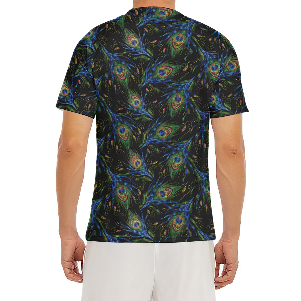 Embroidery Peacock Feather Print Men's Short Sleeve Rash Guard