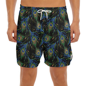 Embroidery Peacock Feather Print Men's Split Running Shorts