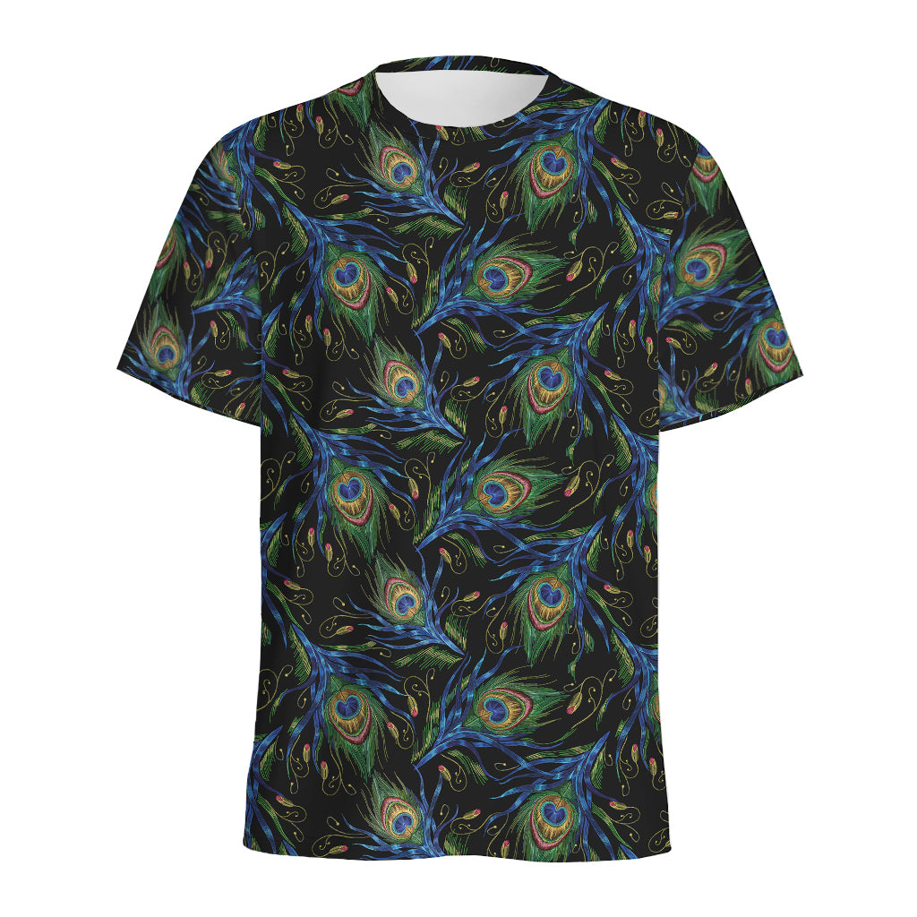 Embroidery Peacock Feather Print Men's Sports T-Shirt