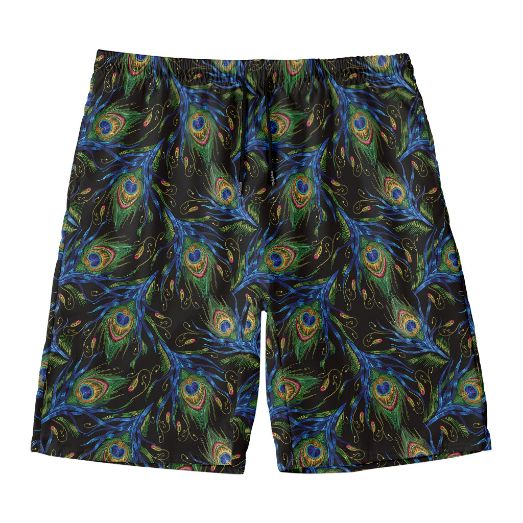 Embroidery Peacock Feather Print Men's Swim Trunks