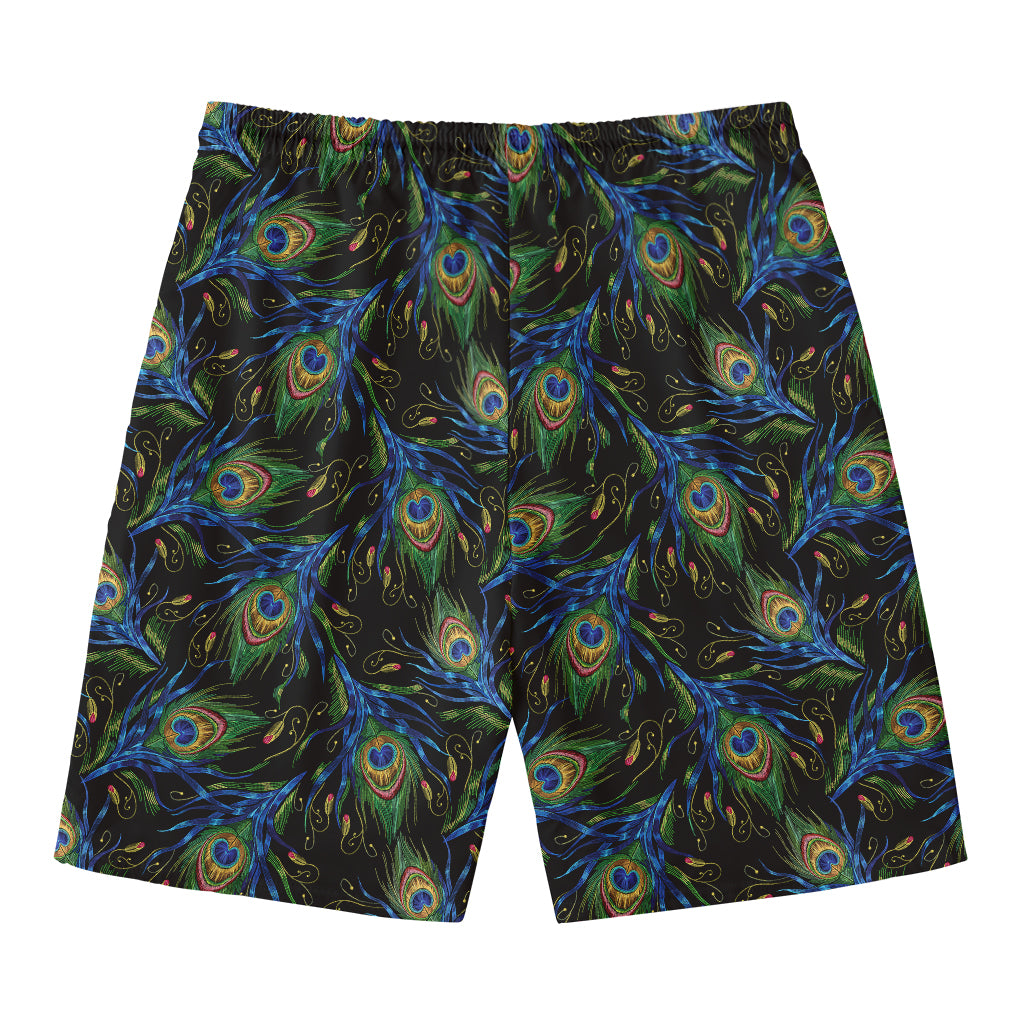 Embroidery Peacock Feather Print Men's Swim Trunks