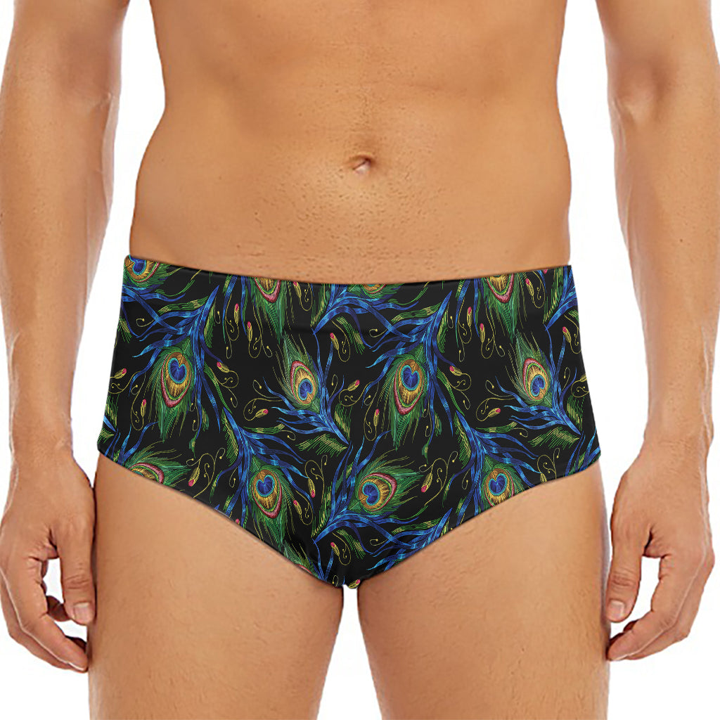 Embroidery Peacock Feather Print Men's Triangle Swim Briefs