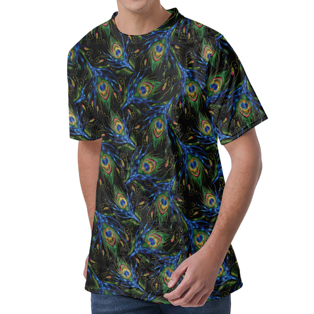 Embroidery Peacock Feather Print Men's Velvet T-Shirt