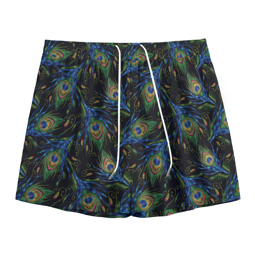 Embroidery Peacock Feather Print Mesh Shorts