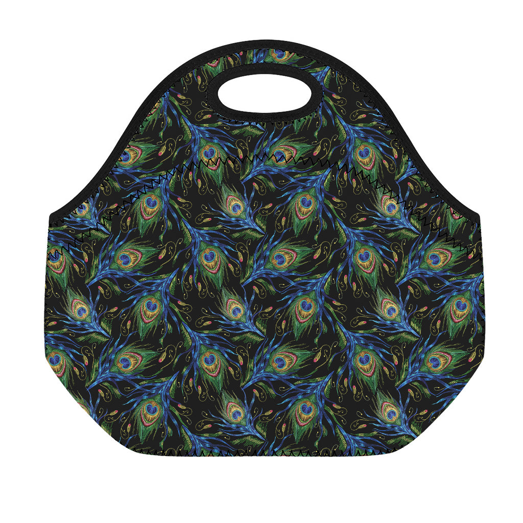 Embroidery Peacock Feather Print Neoprene Lunch Bag