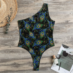 Embroidery Peacock Feather Print One Shoulder Bodysuit