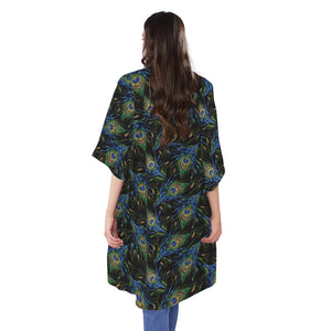 Embroidery Peacock Feather Print Open Front Beach Cover Up