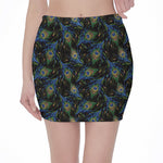 Embroidery Peacock Feather Print Pencil Mini Skirt