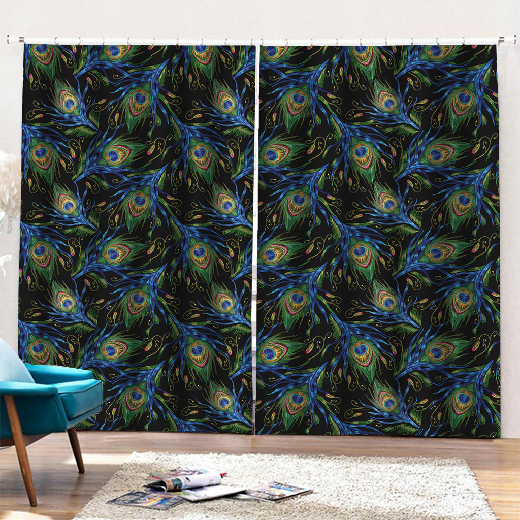 Embroidery Peacock Feather Print Pencil Pleat Curtains