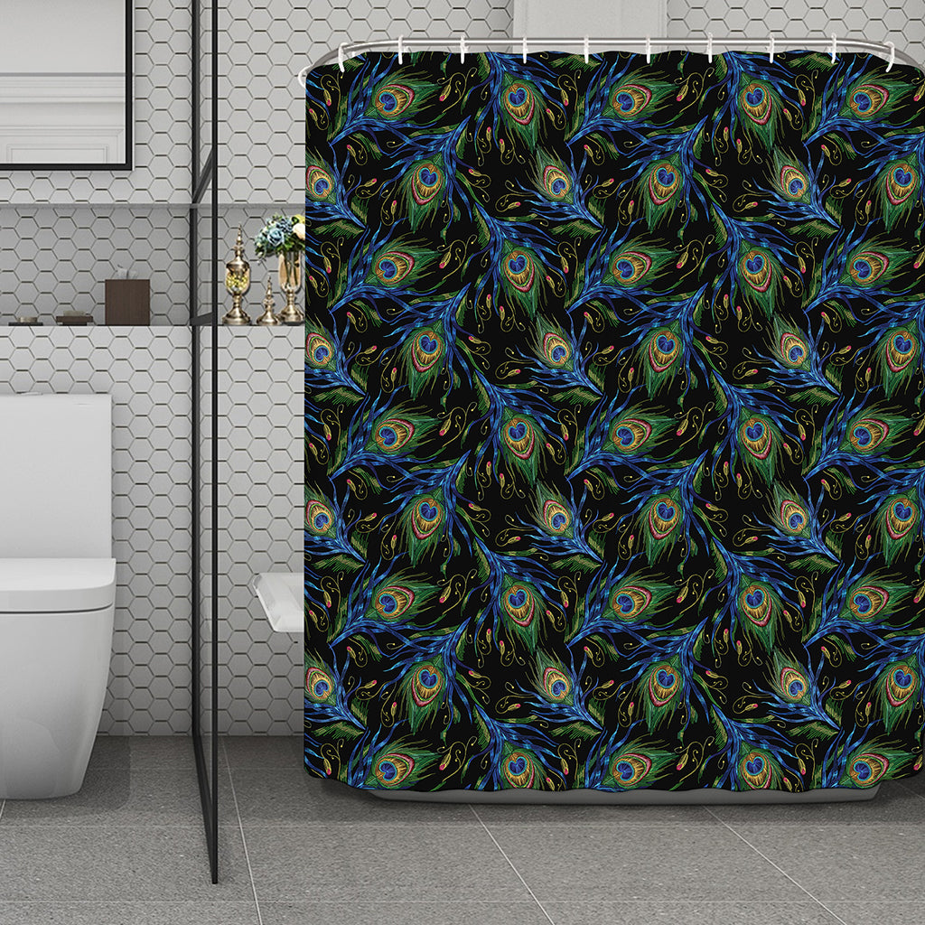 Embroidery Peacock Feather Print Polyester Shower Curtain